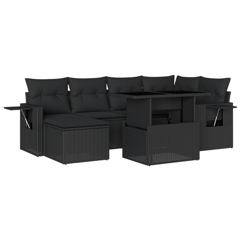 7-delige Loungeset met kussens poly rattan zwart