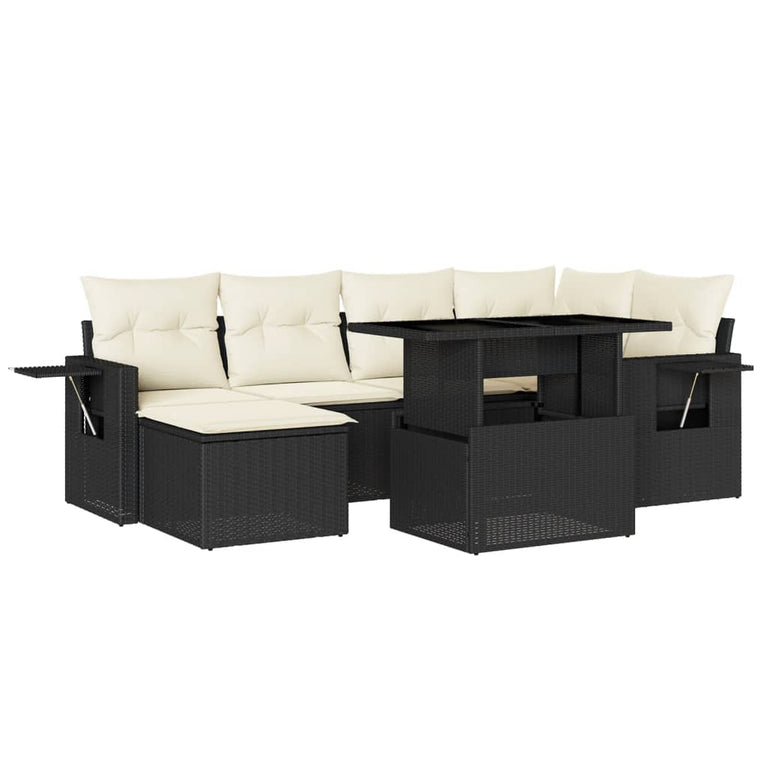 7-delige Loungeset met kussens poly rattan zwart