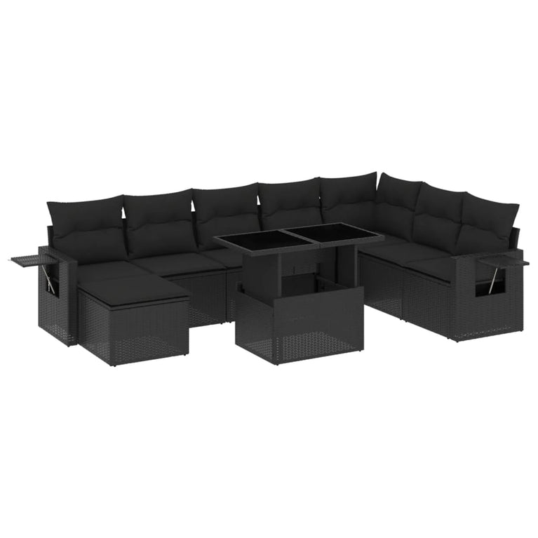 8-delige Loungeset met kussens poly rattan zwart