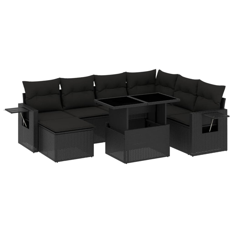 9-delige Loungeset met kussens poly rattan zwart
