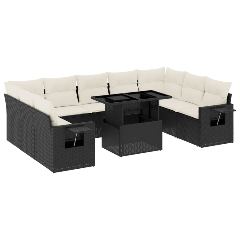 10-delige Loungeset met kussens poly rattan zwart