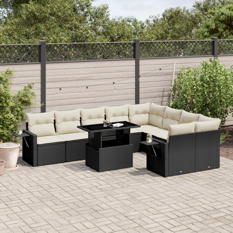 10-delige Loungeset met kussens poly rattan zwart