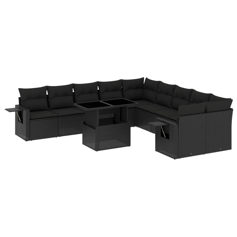 11-delige Loungeset met kussens poly rattan zwart
