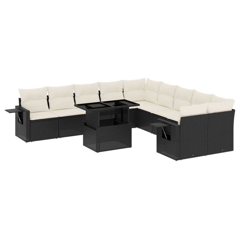11-delige Loungeset met kussens poly rattan zwart