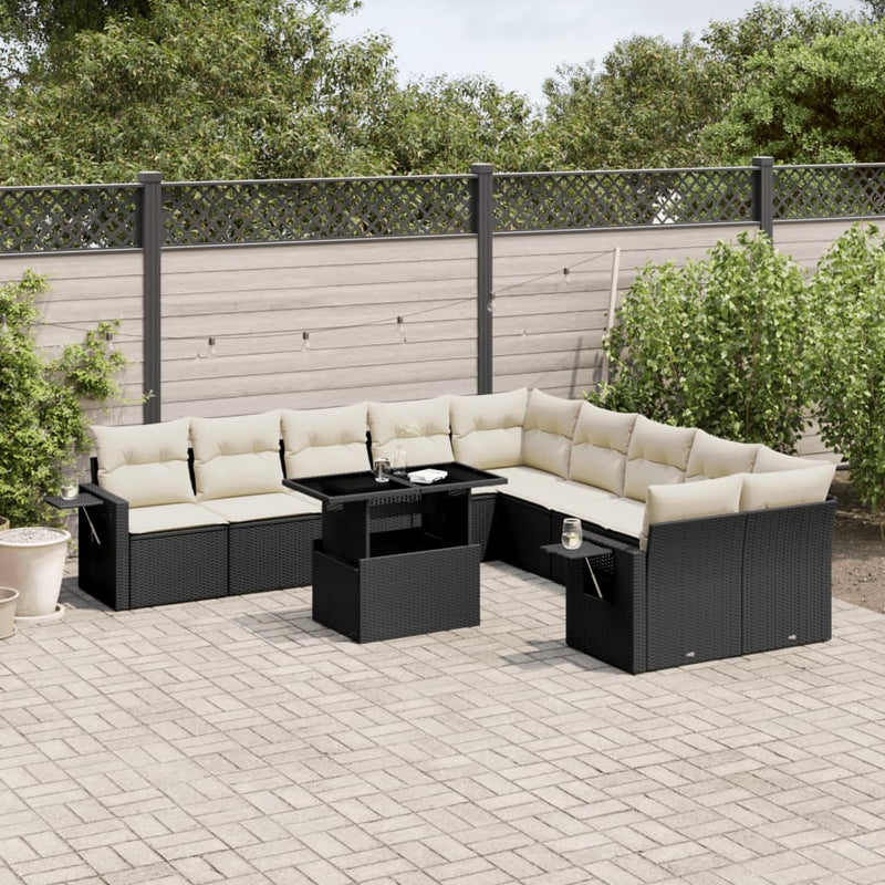 11-delige Loungeset met kussens poly rattan zwart