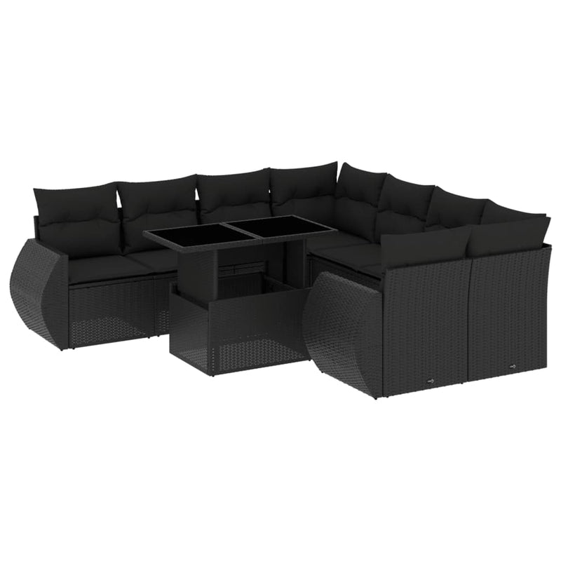 9-delige Loungeset met kussens poly rattan zwart