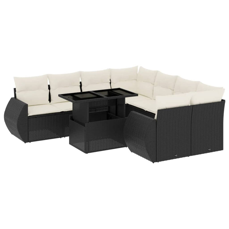 9-delige Loungeset met kussens poly rattan zwart