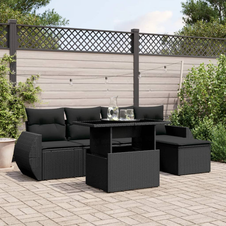 6-delige Loungeset met kussens poly rattan zwart