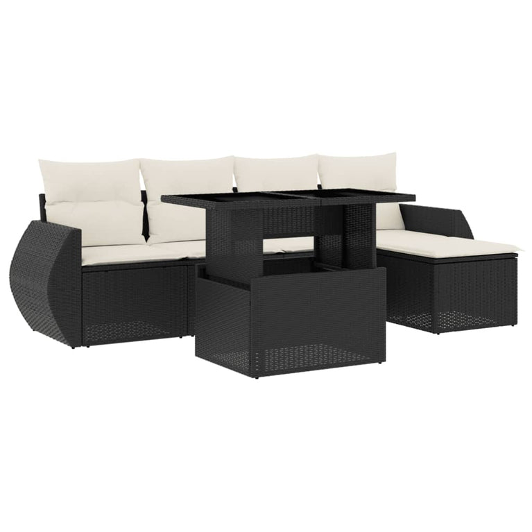 6-delige Loungeset met kussens poly rattan zwart