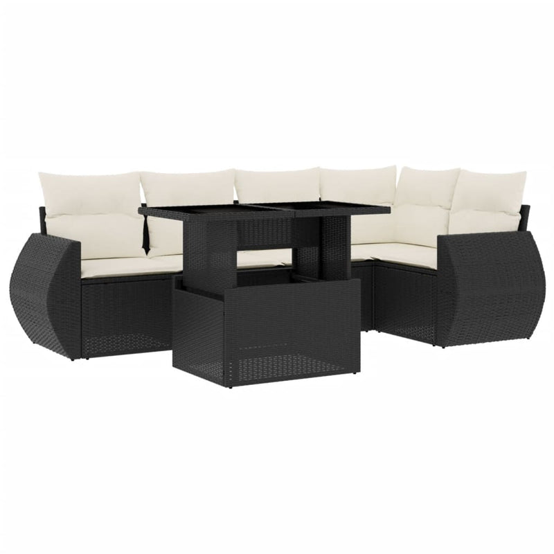 6-delige Loungeset met kussens poly rattan zwart