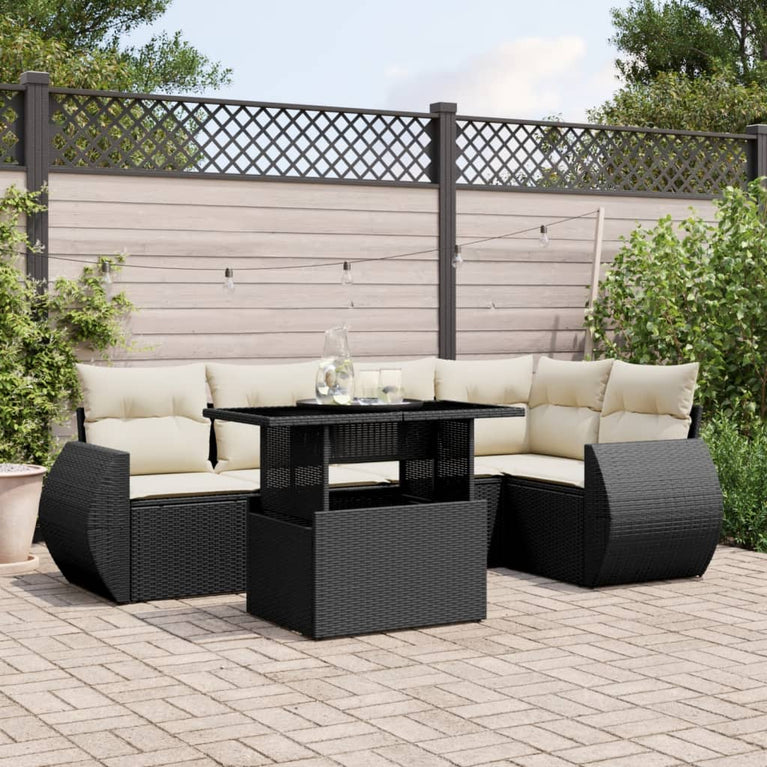 6-delige Loungeset met kussens poly rattan zwart