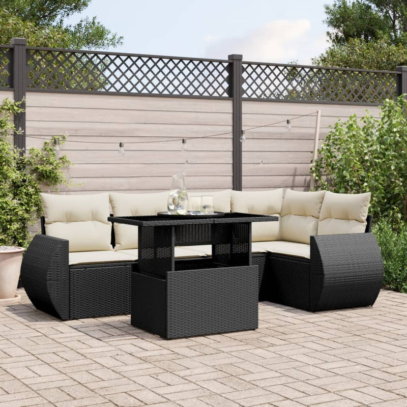 6-delige Loungeset met kussens poly rattan zwart
