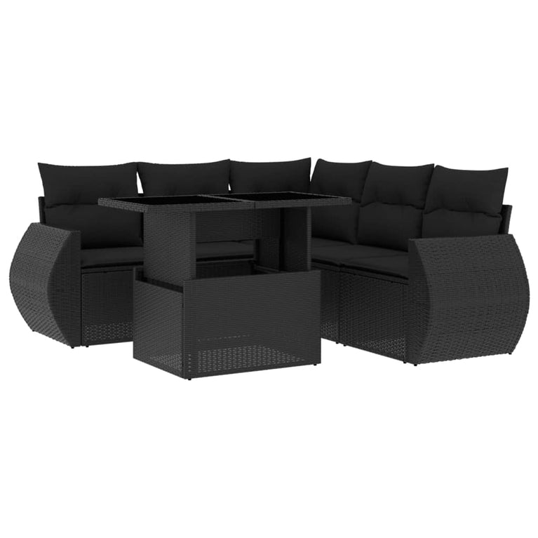 6-delige Loungeset met kussens poly rattan zwart