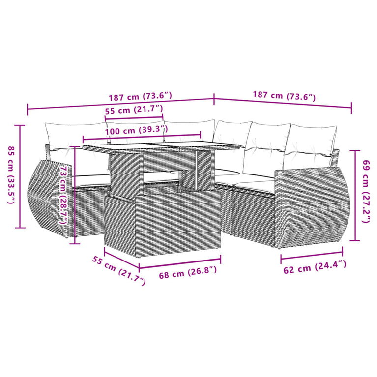 6-delige Loungeset met kussens poly rattan zwart