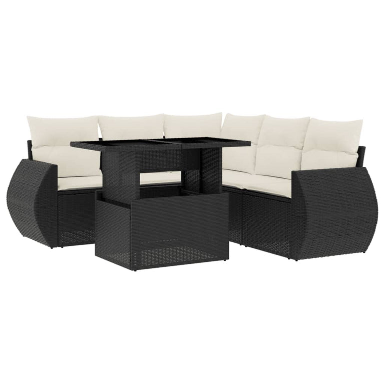 6-delige Loungeset met kussens poly rattan zwart