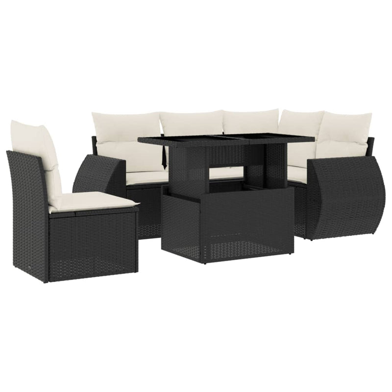 6-delige Loungeset met kussens poly rattan zwart