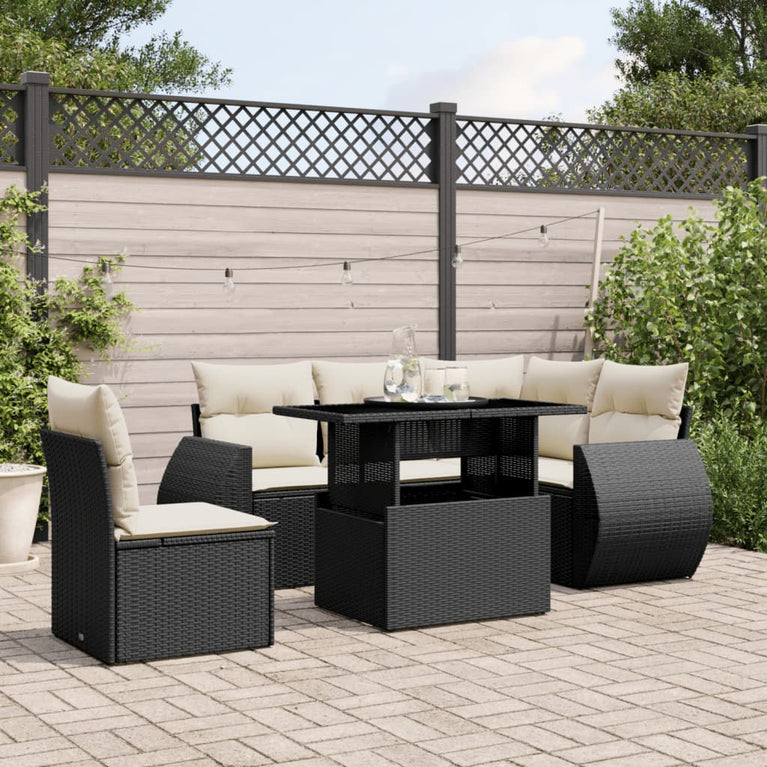 6-delige Loungeset met kussens poly rattan zwart