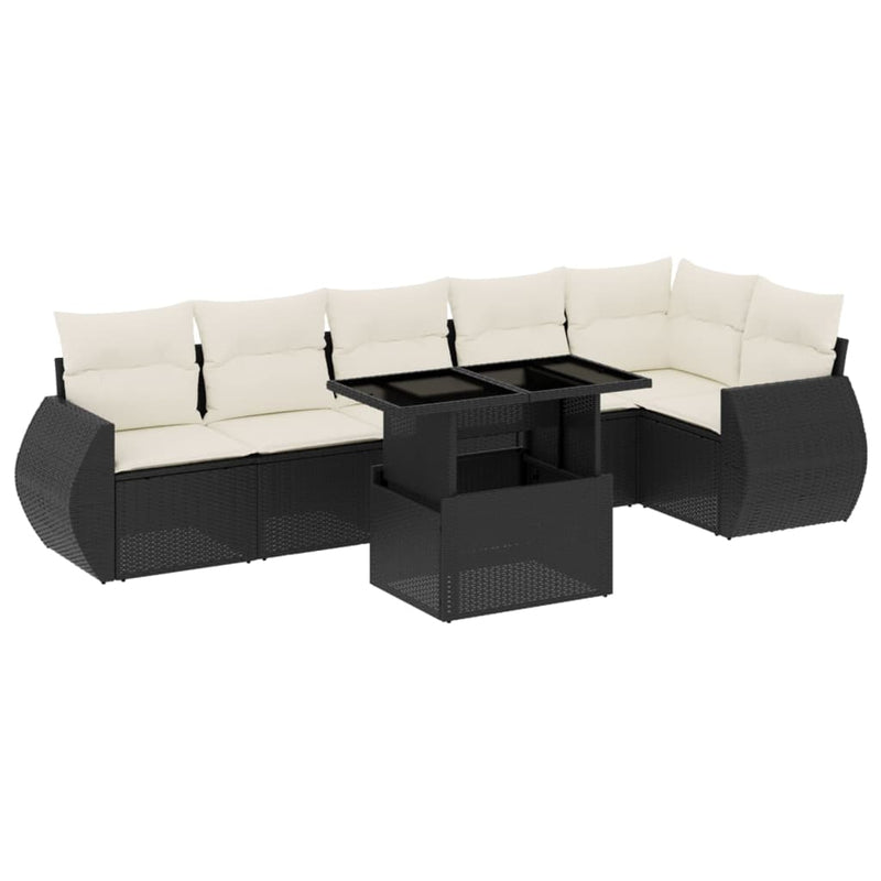 7-delige Loungeset met kussens poly rattan zwart