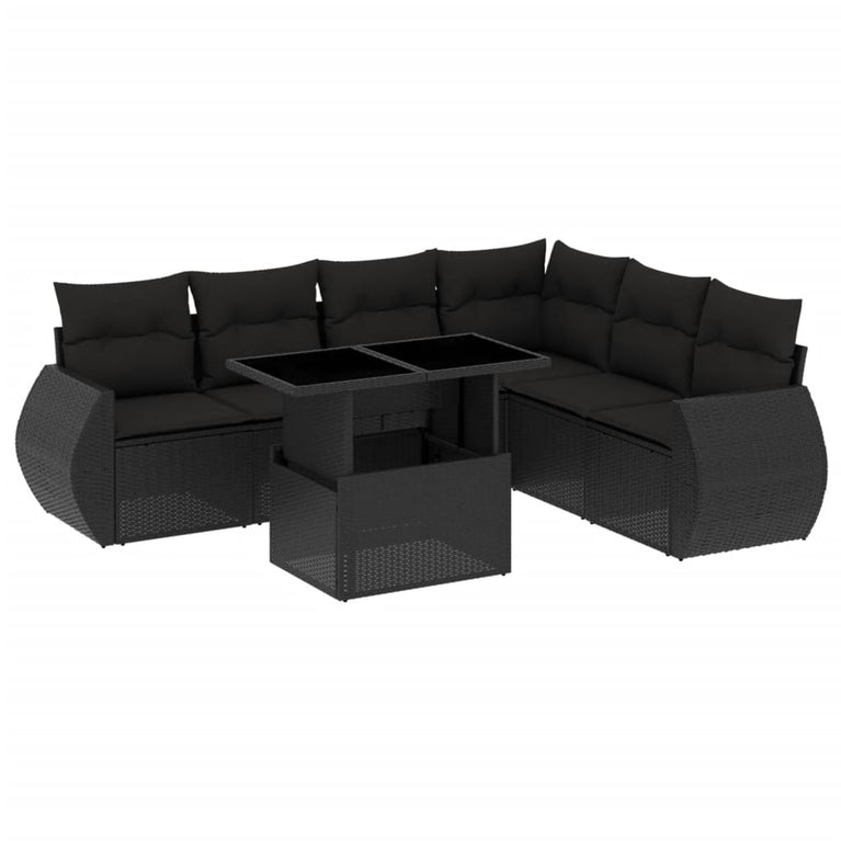 7-delige Loungeset met kussens poly rattan zwart