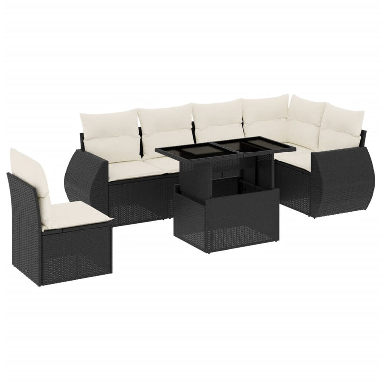 7-delige Loungeset met kussens poly rattan zwart