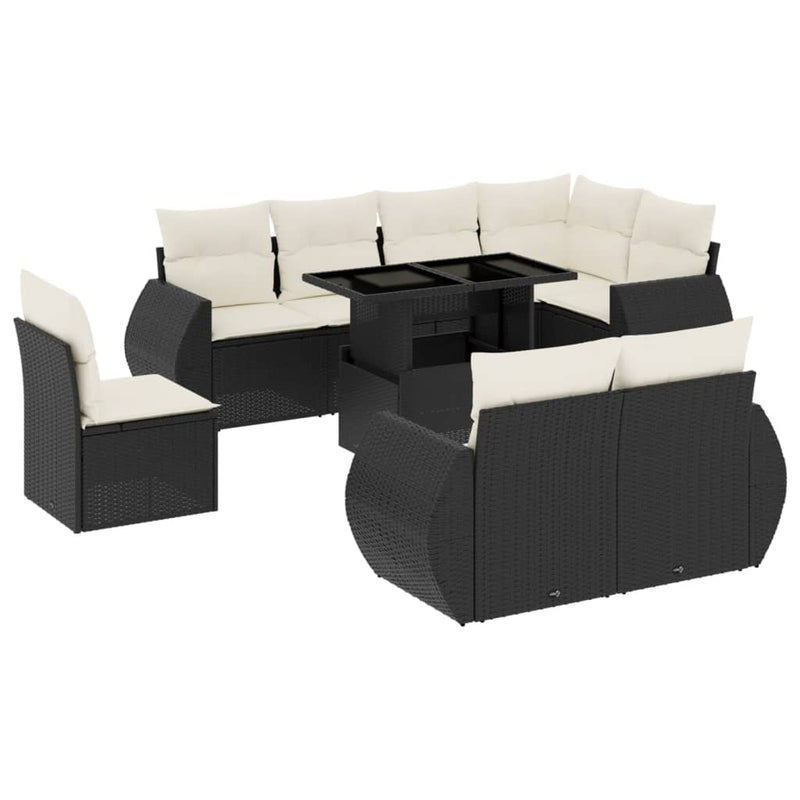 9-delige Loungeset met kussens poly rattan zwart