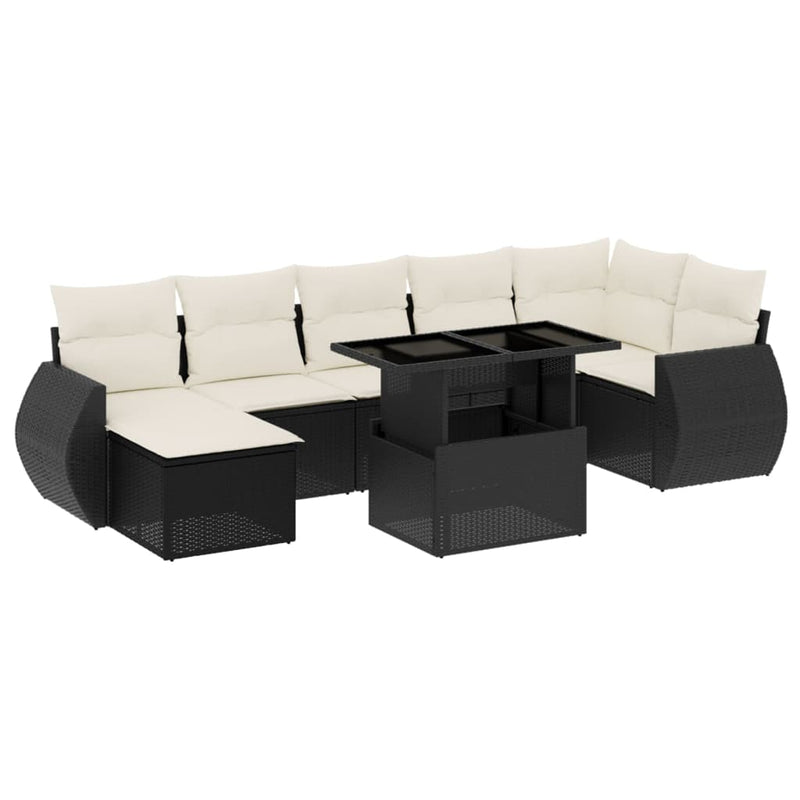 8-delige Loungeset met kussens poly rattan zwart