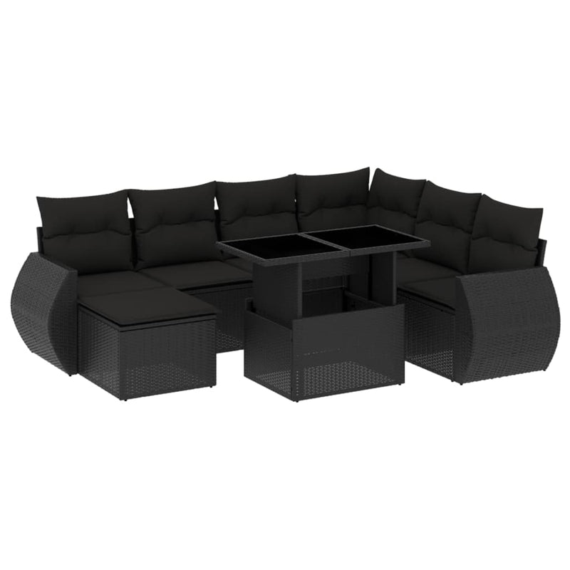 8-delige Loungeset met kussens poly rattan zwart