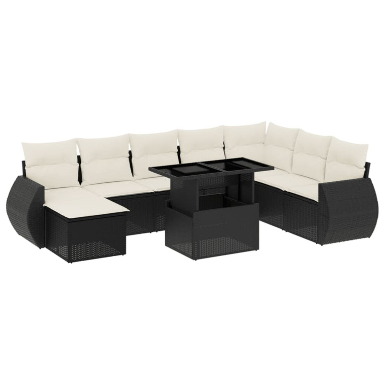 9-delige Loungeset met kussens poly rattan zwart
