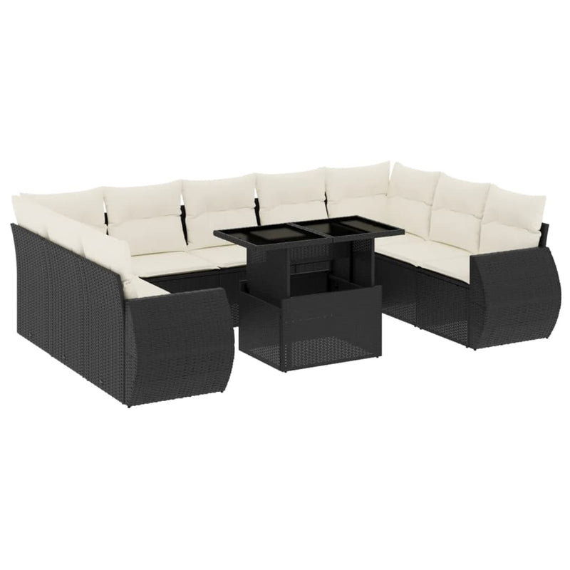 10-delige Loungeset met kussens poly rattan zwart