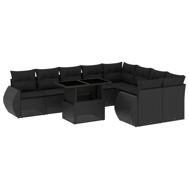 10-delige Loungeset met kussens poly rattan zwart