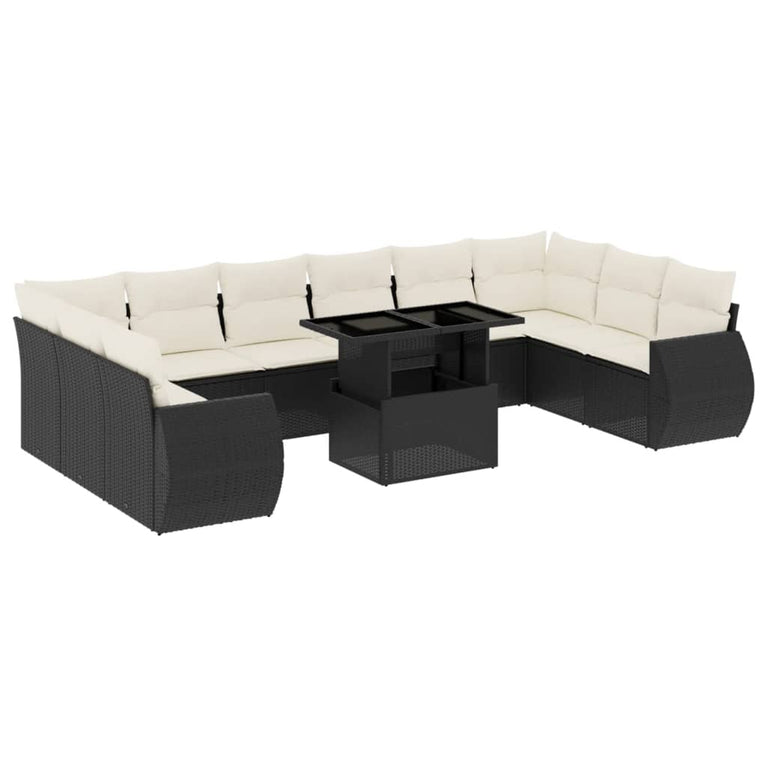 11-delige Loungeset met kussens poly rattan zwart