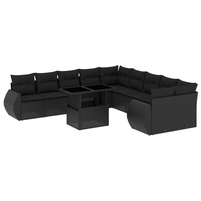 11-delige Loungeset met kussens poly rattan zwart