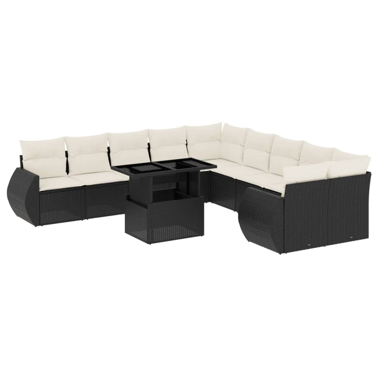 11-delige Loungeset met kussens poly rattan zwart