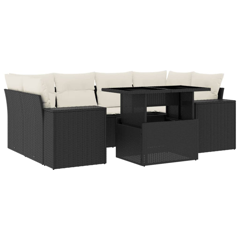 7-delige Loungeset met kussens poly rattan zwart
