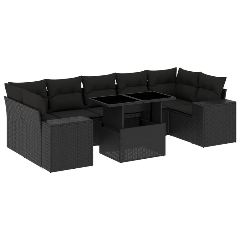 8-delige Loungeset met kussens poly rattan zwart