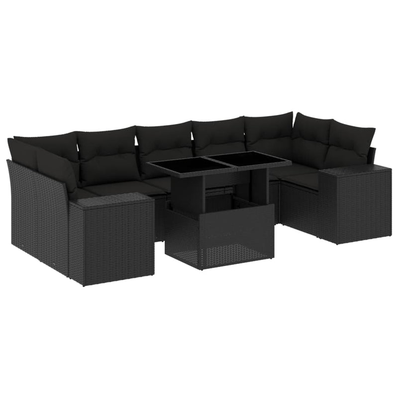 8-delige Loungeset met kussens poly rattan zwart
