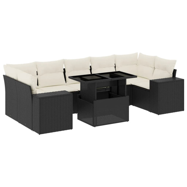 8-delige Loungeset met kussens poly rattan zwart