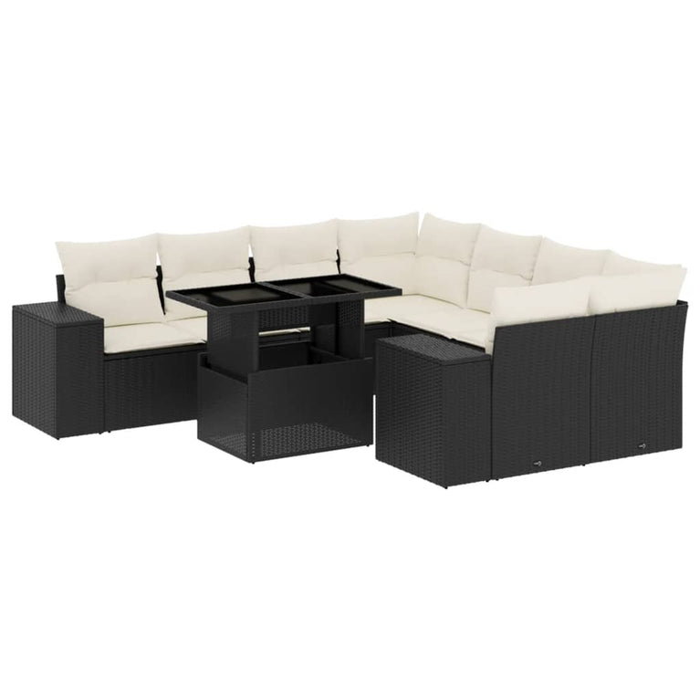 9-delige Loungeset met kussens poly rattan zwart