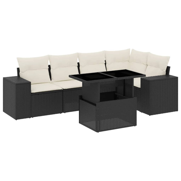 6-delige Loungeset met kussens poly rattan zwart