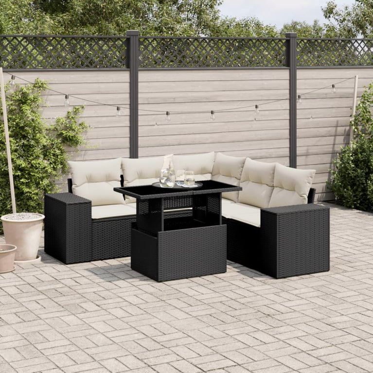 6-delige Loungeset met kussens poly rattan zwart