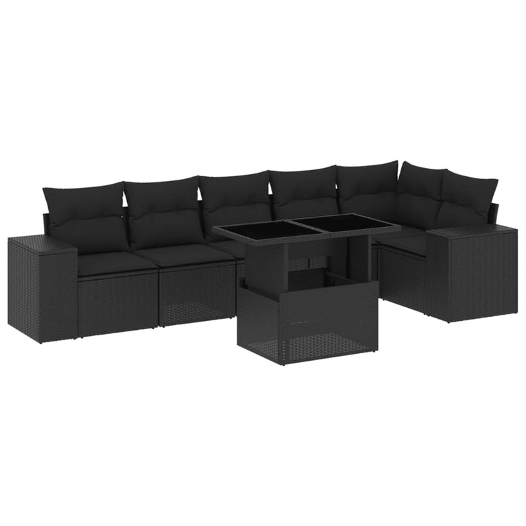 7-delige Loungeset met kussens poly rattan zwart