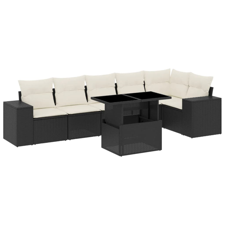 7-delige Loungeset met kussens poly rattan zwart
