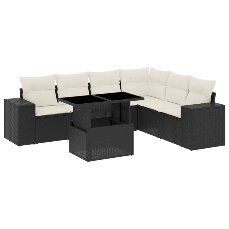 7-delige Loungeset met kussens poly rattan zwart