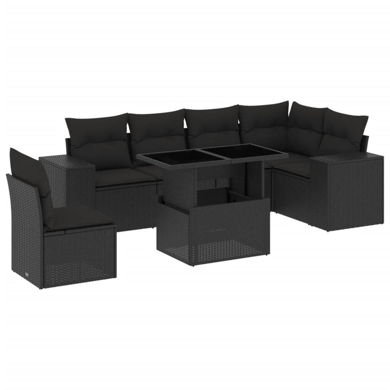 7-delige Loungeset met kussens poly rattan zwart