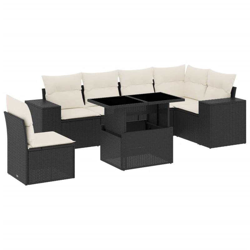 7-delige Loungeset met kussens poly rattan zwart
