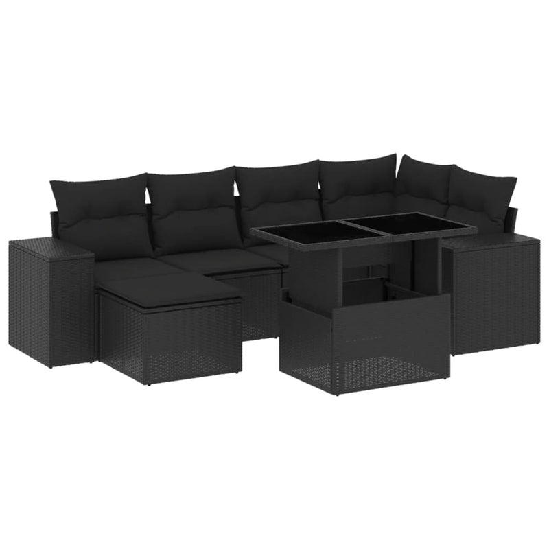 7-delige Loungeset met kussens poly rattan zwart