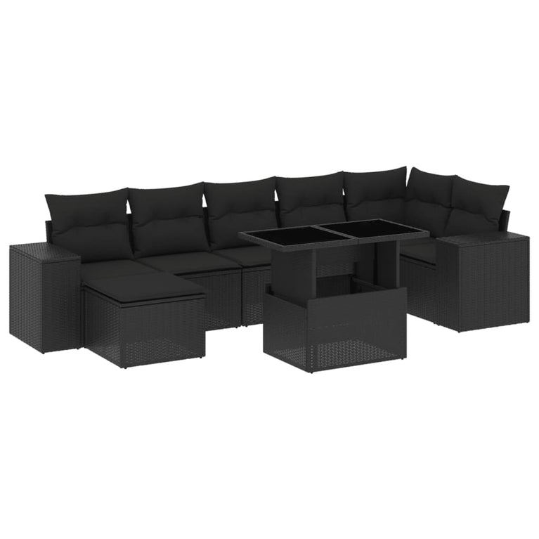 8-delige Loungeset met kussens poly rattan zwart