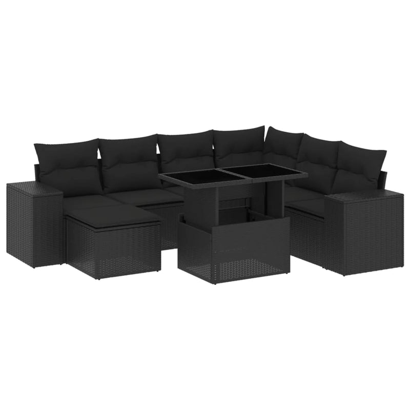 8-delige Loungeset met kussens poly rattan zwart