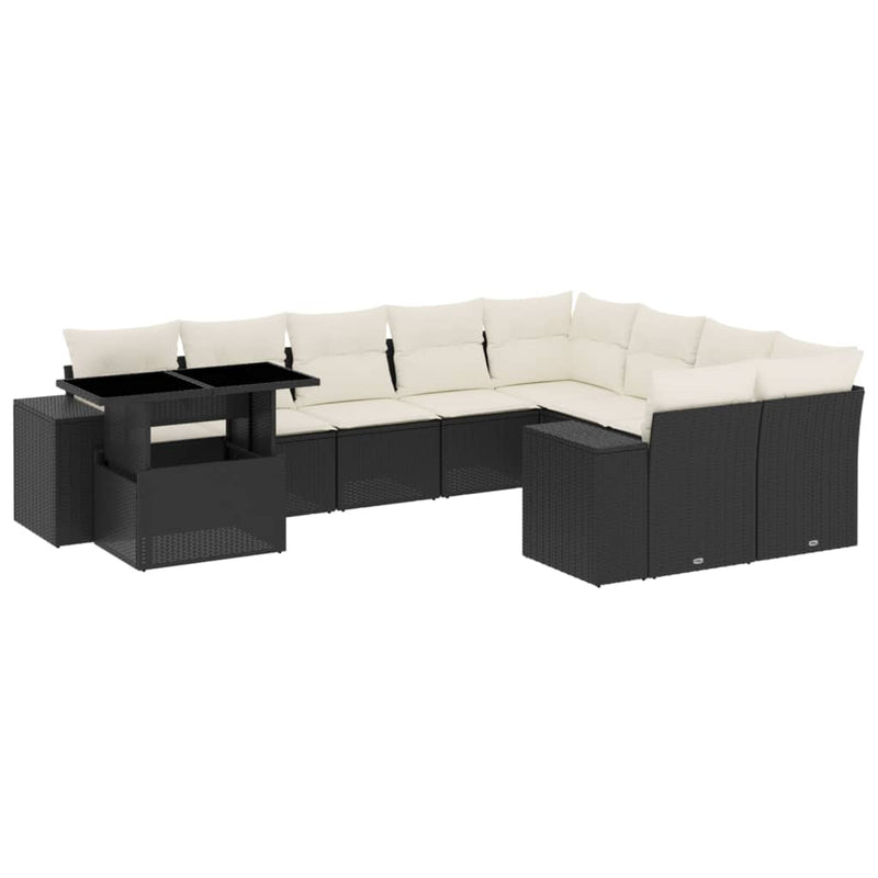 10-delige Loungeset met kussens poly rattan zwart