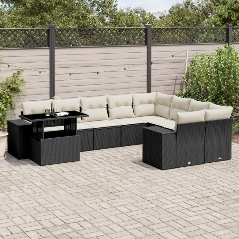 10-delige Loungeset met kussens poly rattan zwart